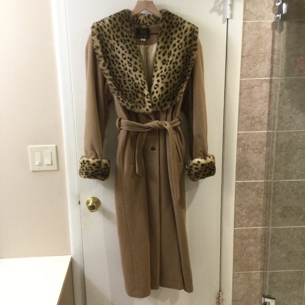 Vintage Long Wool Blend Belted Coat Tissavel France Faux Fur Trim Sz M Relaxed